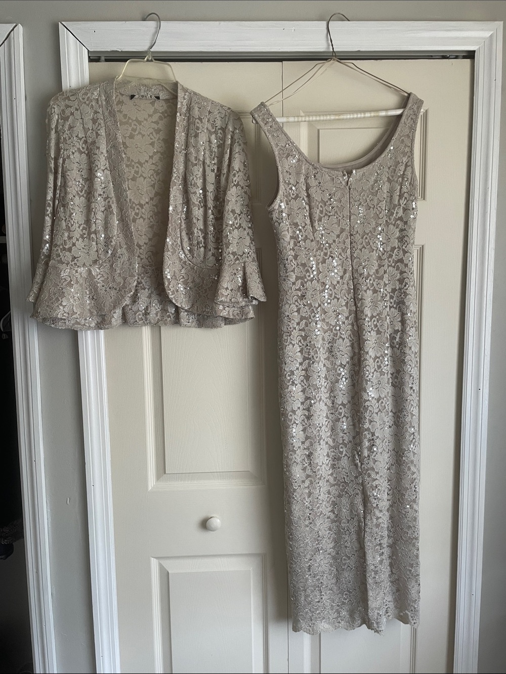 R & M Richards Sequined Lace Gown with Matching Bolero - Taupe